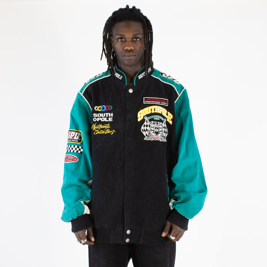 South Pole Racing Varsity Jacket in Black and Blue Green