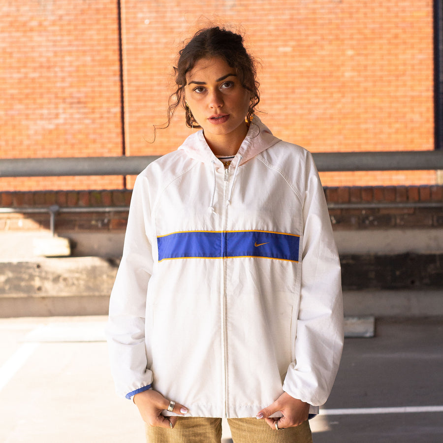 Nike Late 90's / Early 00's Embroidered Swoosh Waterproof Parka Jacket in White, Blue and Yellow