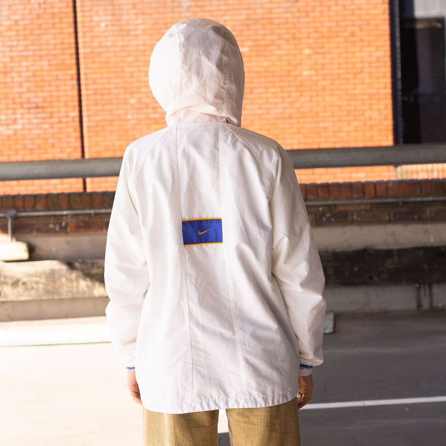 Nike Late 90's / Early 00's Embroidered Swoosh Waterproof Parka Jacket in White, Blue and Yellow