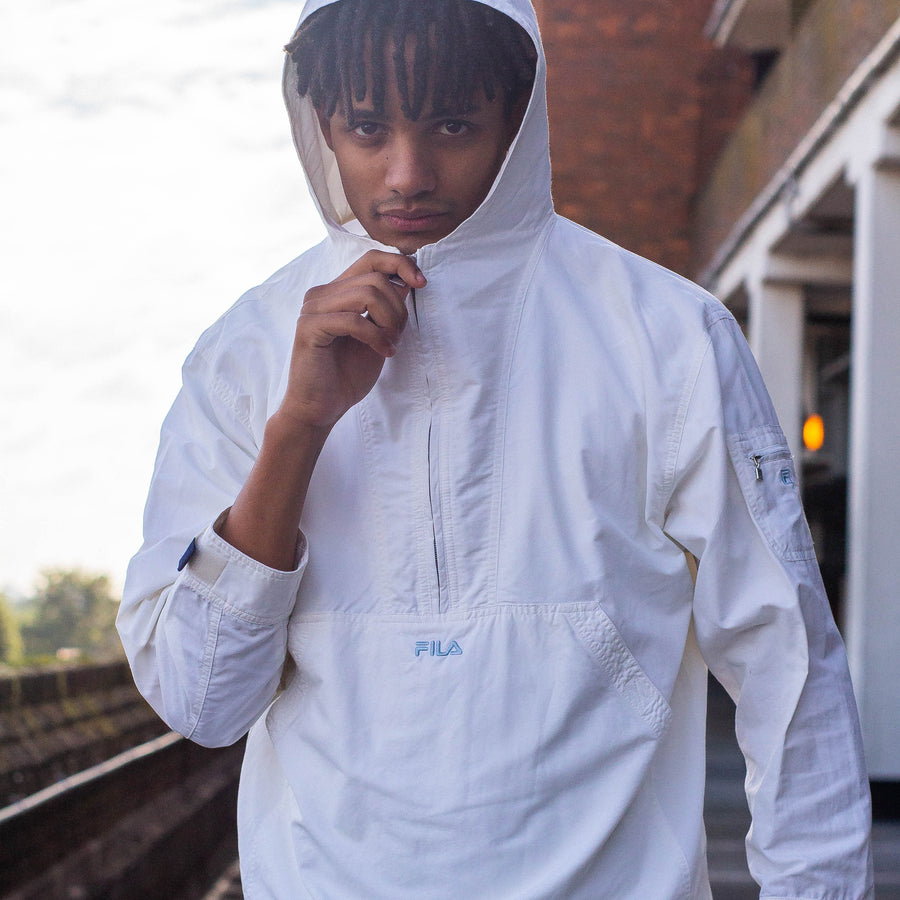 Fila 90's Embroidered Spellout 1/4 Zip Pullover in White and Blue
