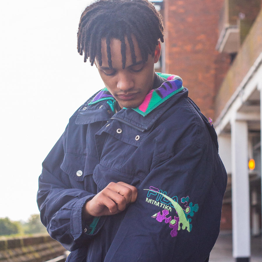 Fila Magic Line 90's Embroidered Spellout Fleece Lined 2-in-1 Parka Jacket in Navy and Teal