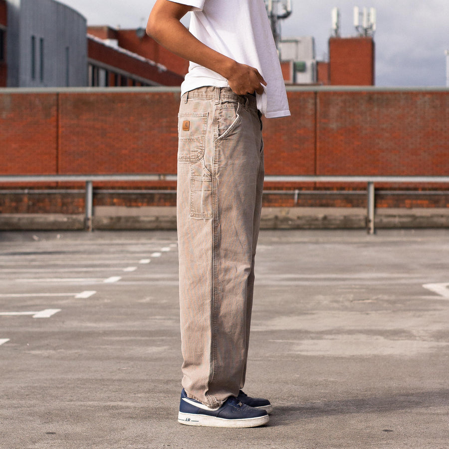 Carhartt 90's Back Pocket Logo Straight Legged Carpenter Trousers in Grey / Beige