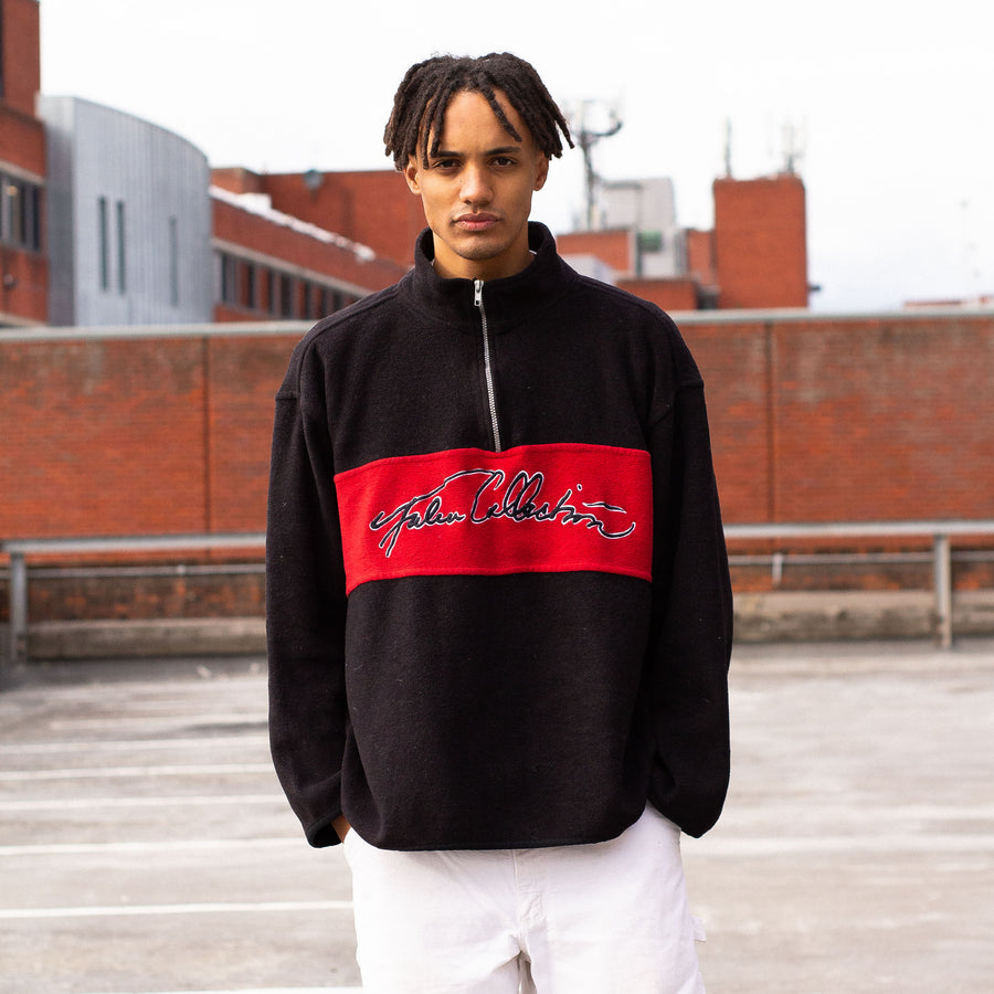 FUBU Collection 90's Embroidered Spellout 1/4 Zip FLeece in Black and Red