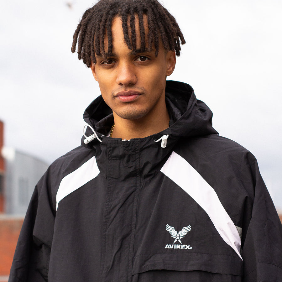 Avirex 90's Embroidered Spellout Waterproof Parka Jacket in Black, White and Grey