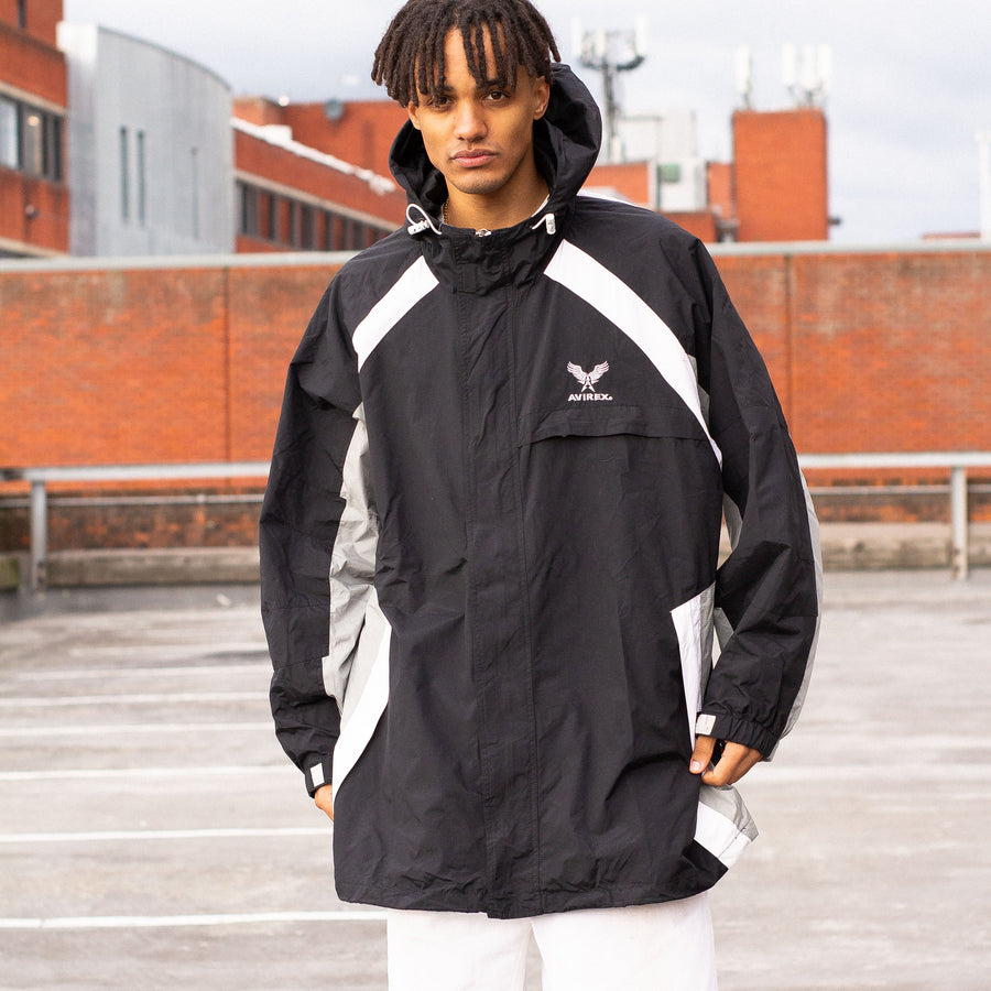 Avirex 90's Embroidered Spellout Waterproof Parka Jacket in Black, White and Grey