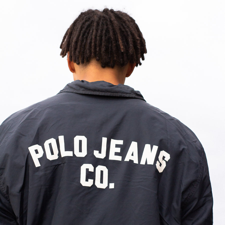 Polo Jeans Co 90's Print Spellout Sweatshirt Lined Button UP Parka Jacket in Black and White