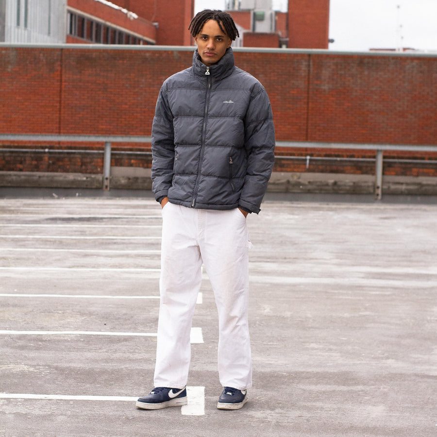 Ellesse 90's Embroidered Spellout Down Puffer Jacket in a Dark Grey