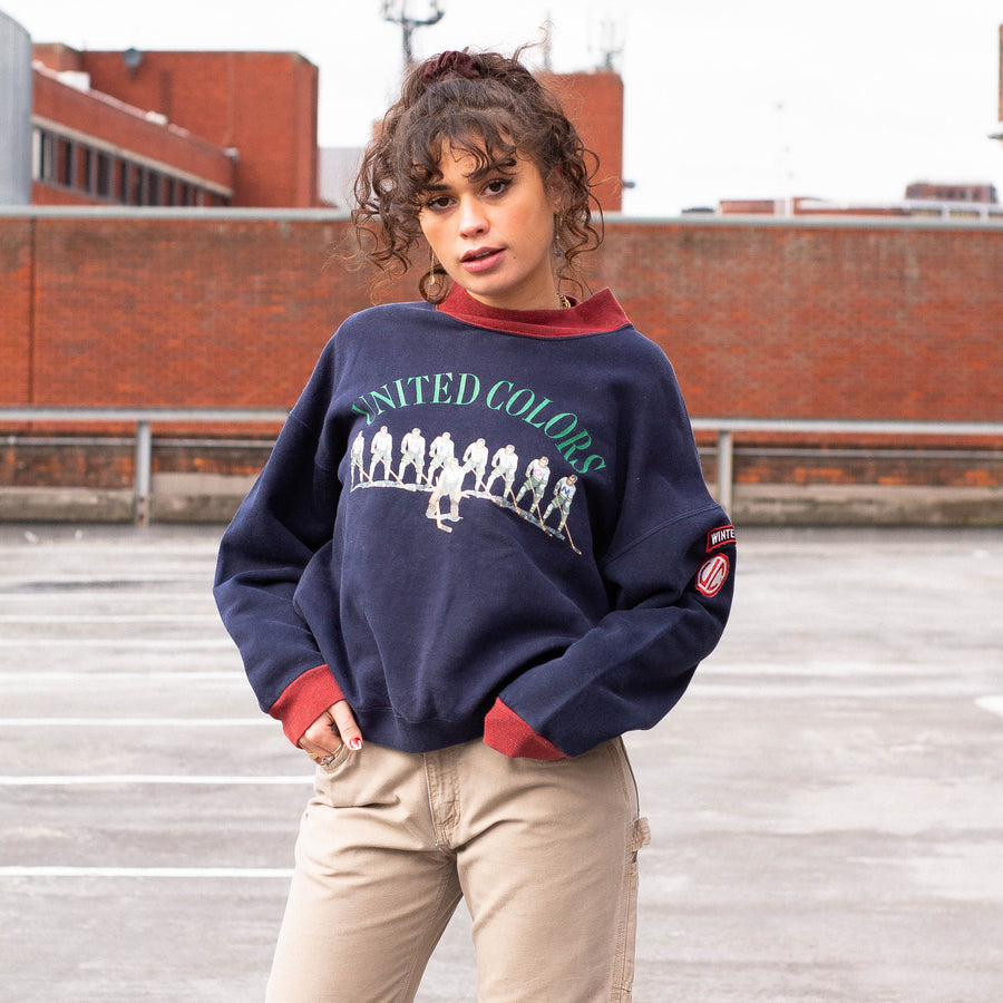 United Colors of Benetton 90's Winter Games Spellout Ringer Sweatshirt in Navy, Green and Red