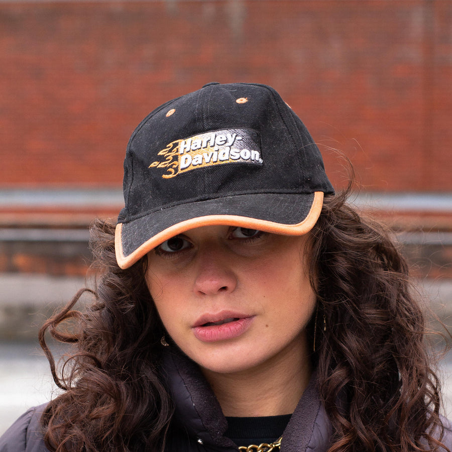 Harley Davidson 90's Embroidered Flame Spellout Cap in Black and Orange