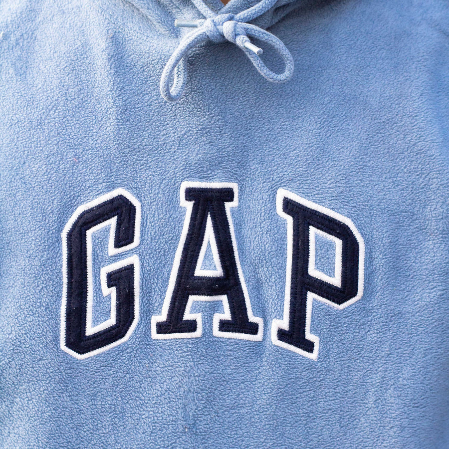 GAP 90's Embroidered Spellout Fleece Hoodie in baby Blue and Navy