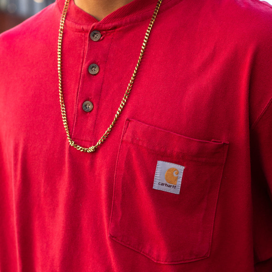 Carhartt 90's Breast Pocket Patch Logo Priest Collar Long Sleeve T-Shirt in Red