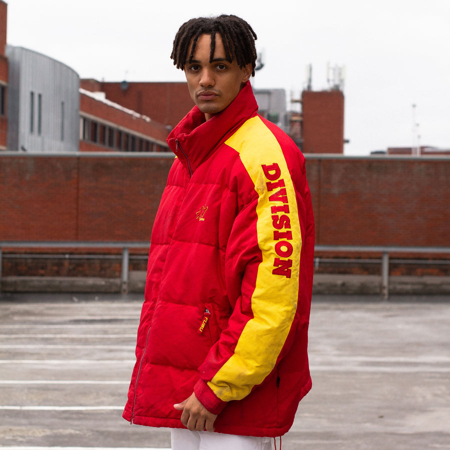 FUBU Storm 90's Embroiderd Logo Fleece Lined Down Puffer Jacket in Red and Yellow