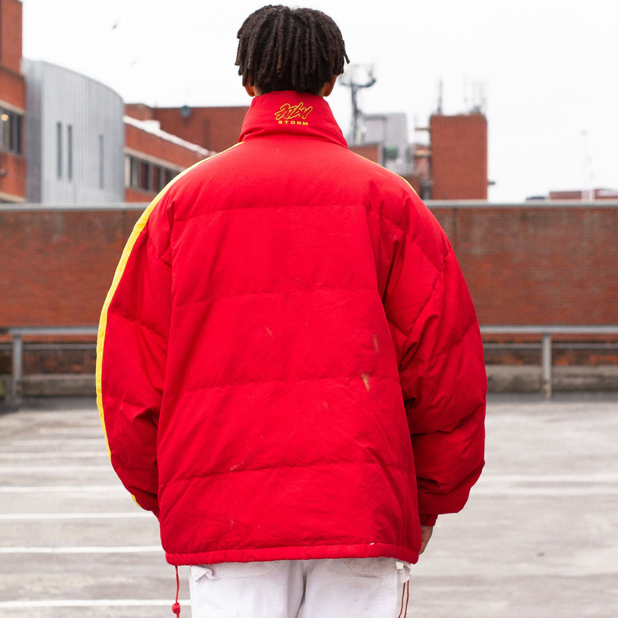 FUBU Storm 90's Embroiderd Logo Fleece Lined Down Puffer Jacket in Red and Yellow