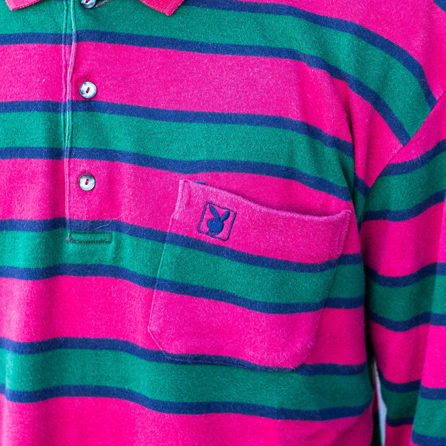 Playboy 90's Breast Pocket Embroidered Logo Long Sleeve Polo Shirt in a Striped Green and Red