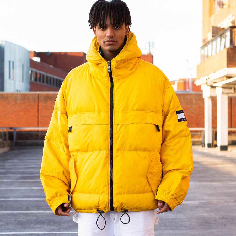 Tommy Hilfiger 90's Patch Logo Down Puffer Jacket in Yellow and Red