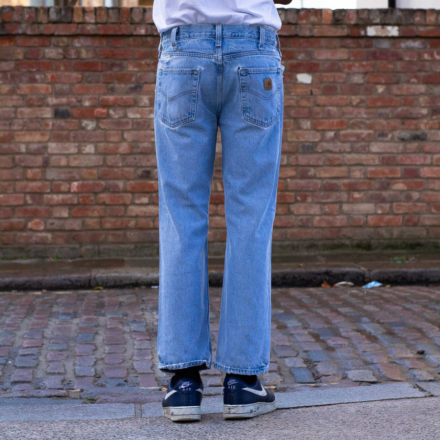 Carhartt 90's Leather Logo Straight Legged Denim Jeans in Light Blue