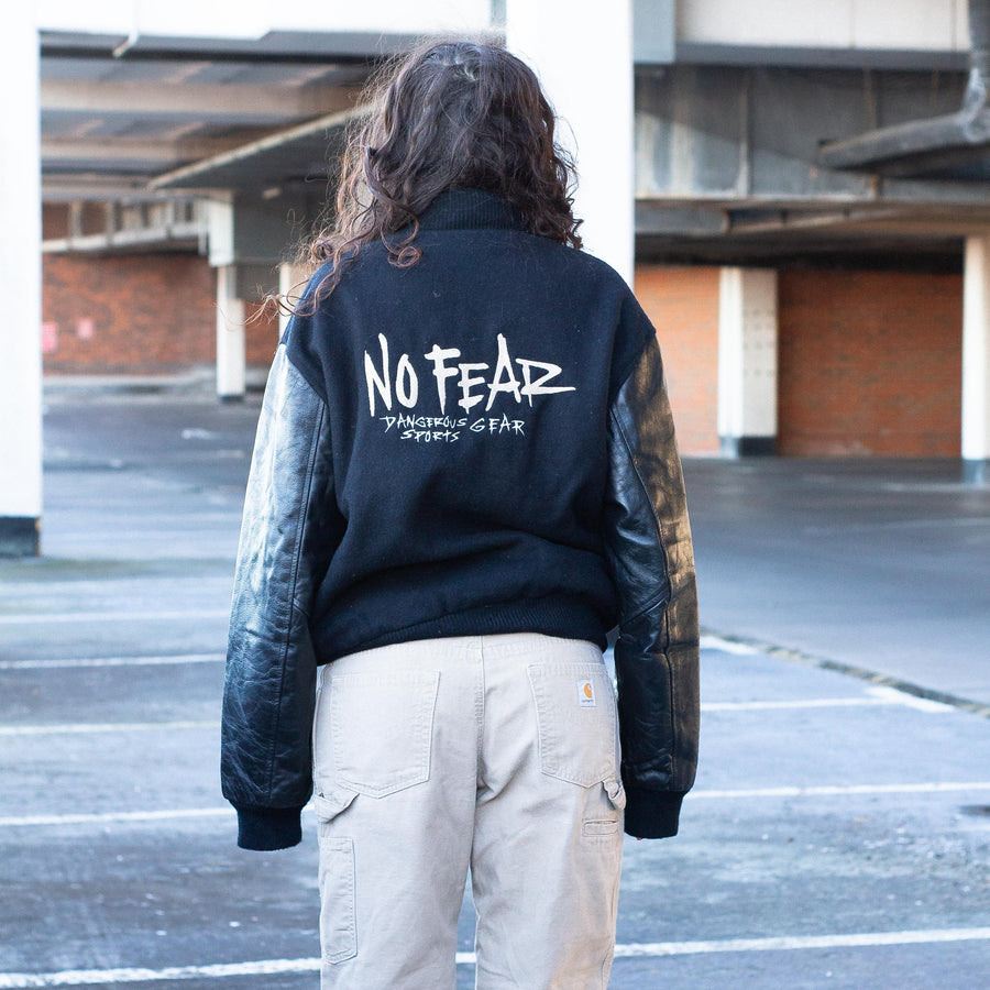 No Fear 90's Embroidered Spellout Letterman Jacket in Black and White