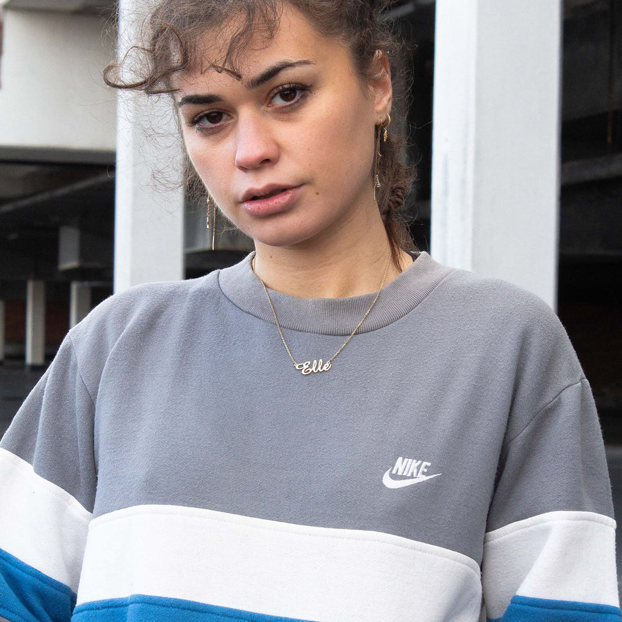 Nike Late 80's Embroidered Spellout Sweatshirt in a Colourblock Grey, White and Blue
