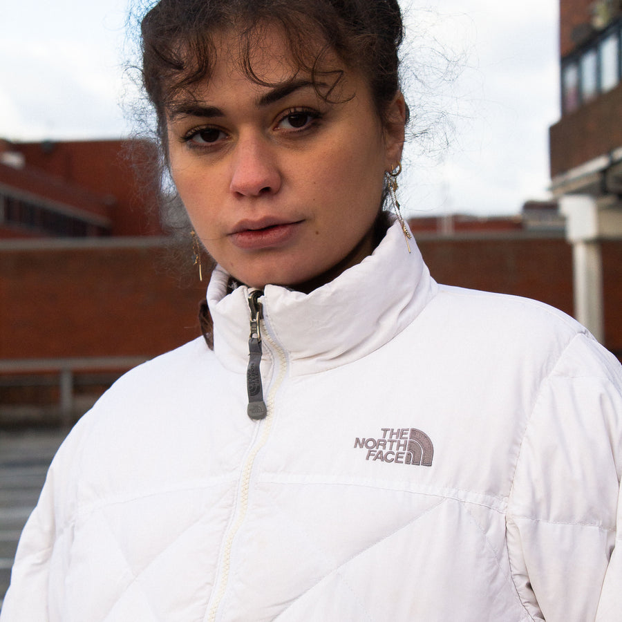 The North Face Embroidered Logo 600 Down Puffer Jacket in White and Grey