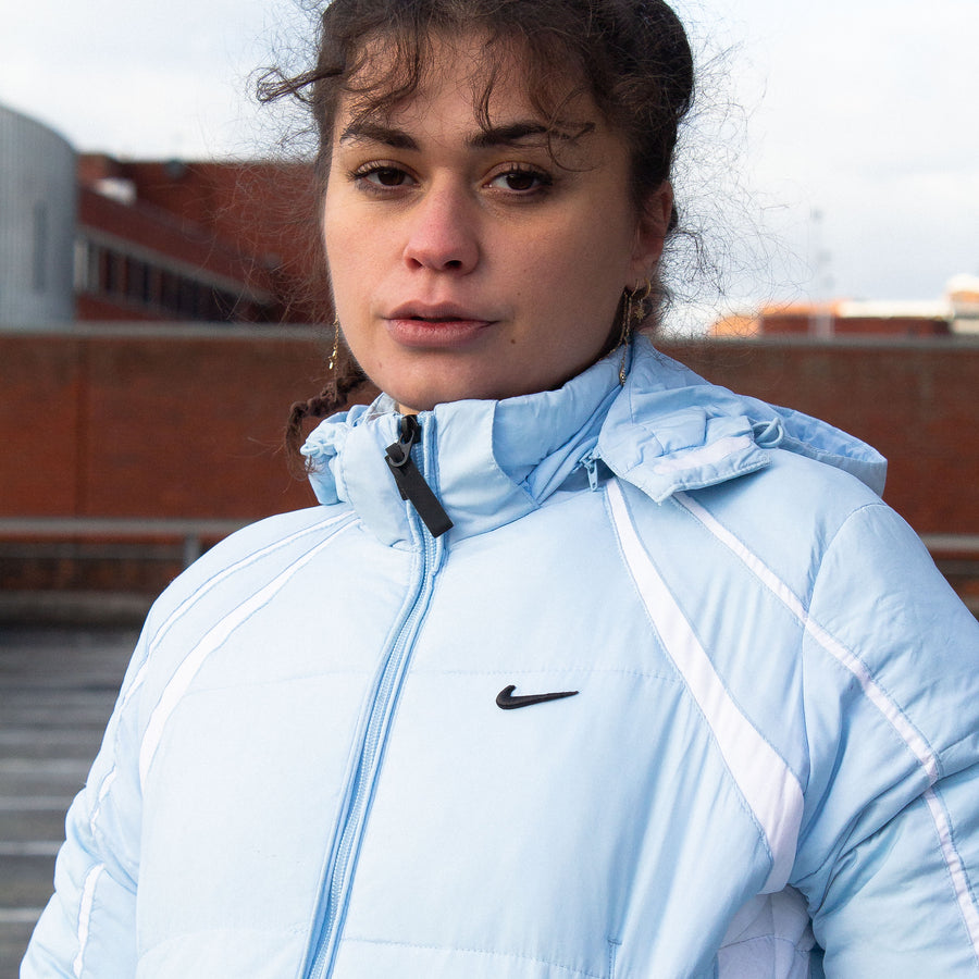 Nike Early 00's Embroidered Swoosh Down Puffer Jacket in Baby Blue, White and Black