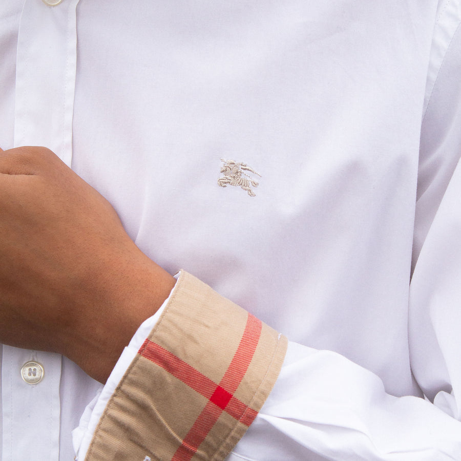 Burberry Embroidered Logo Button Up Shirt in White and Nova Check