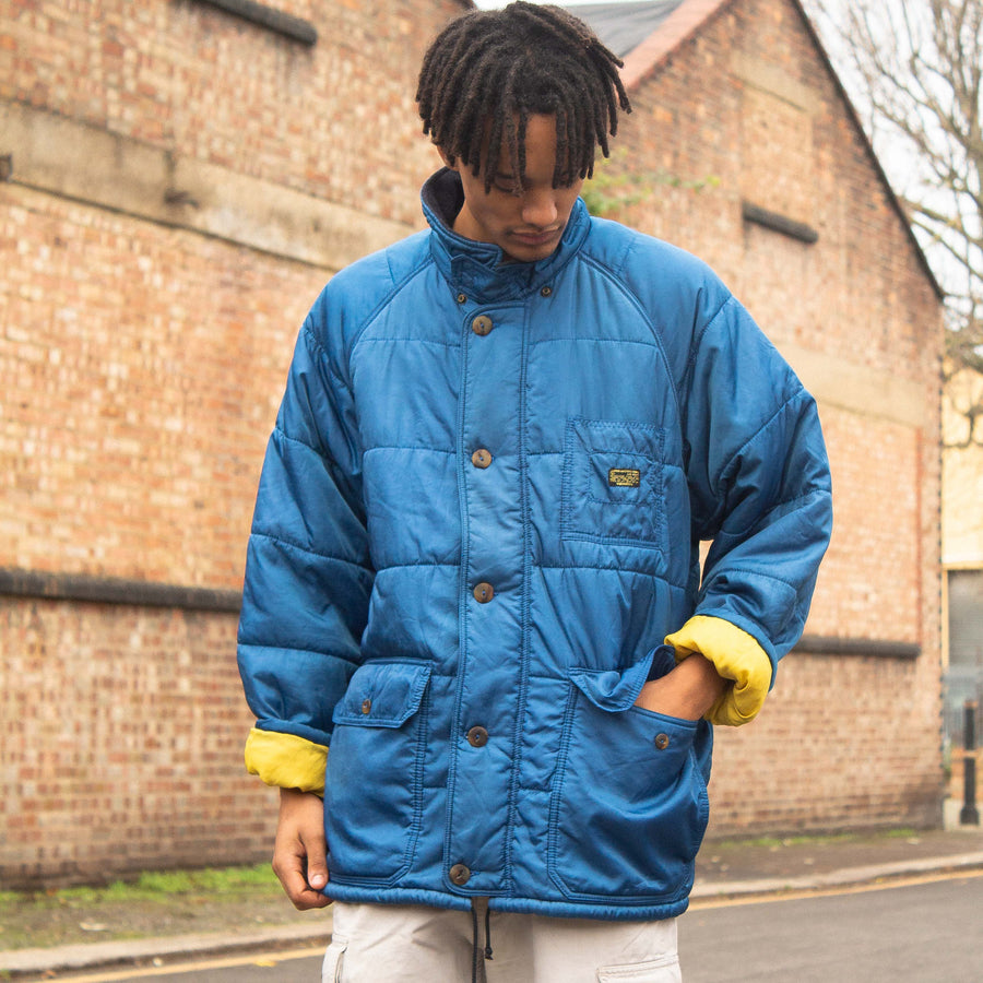 Valentino 90's Patch Spellout Down Puffer Jacket in Blue and Yellow
