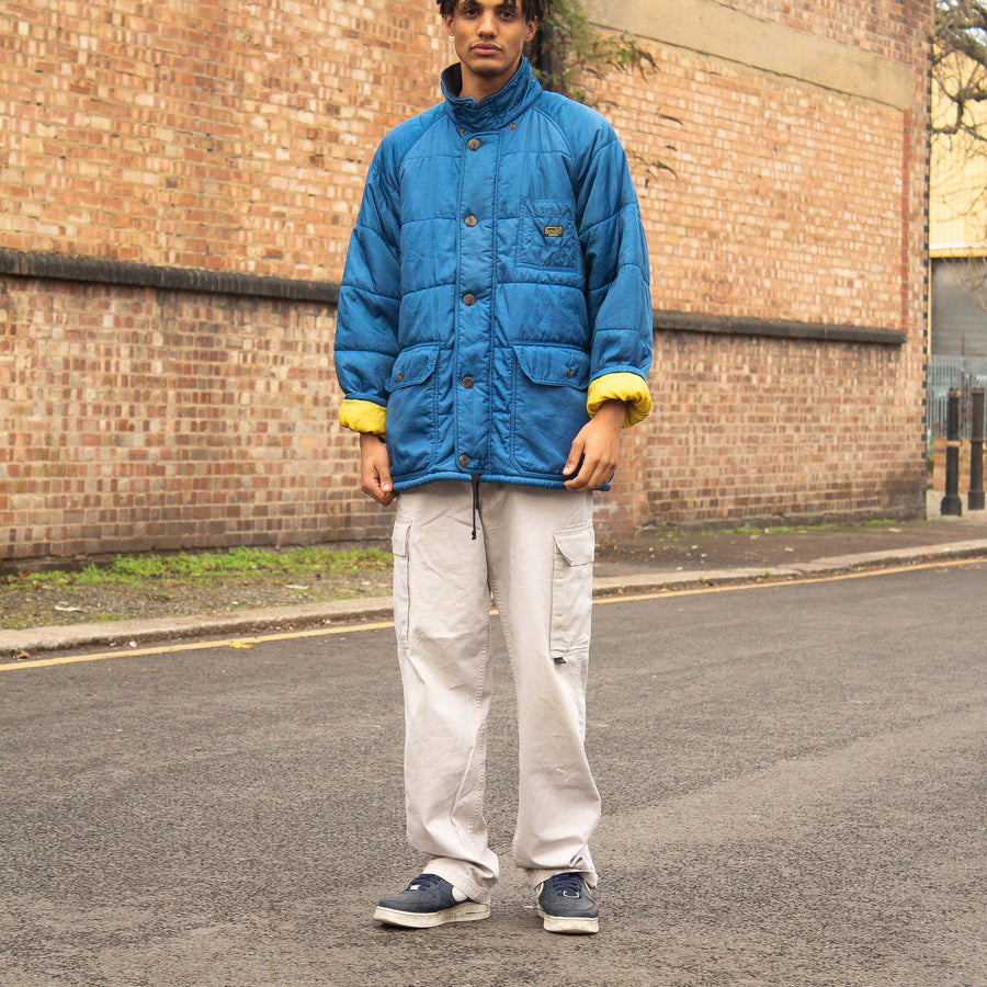 Valentino 90's Patch Spellout Down Puffer Jacket in Blue and Yellow