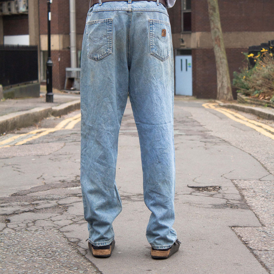 Carhartt 90's Leather Logo Straight Legged Denim Jeans in Light Blue and Brown