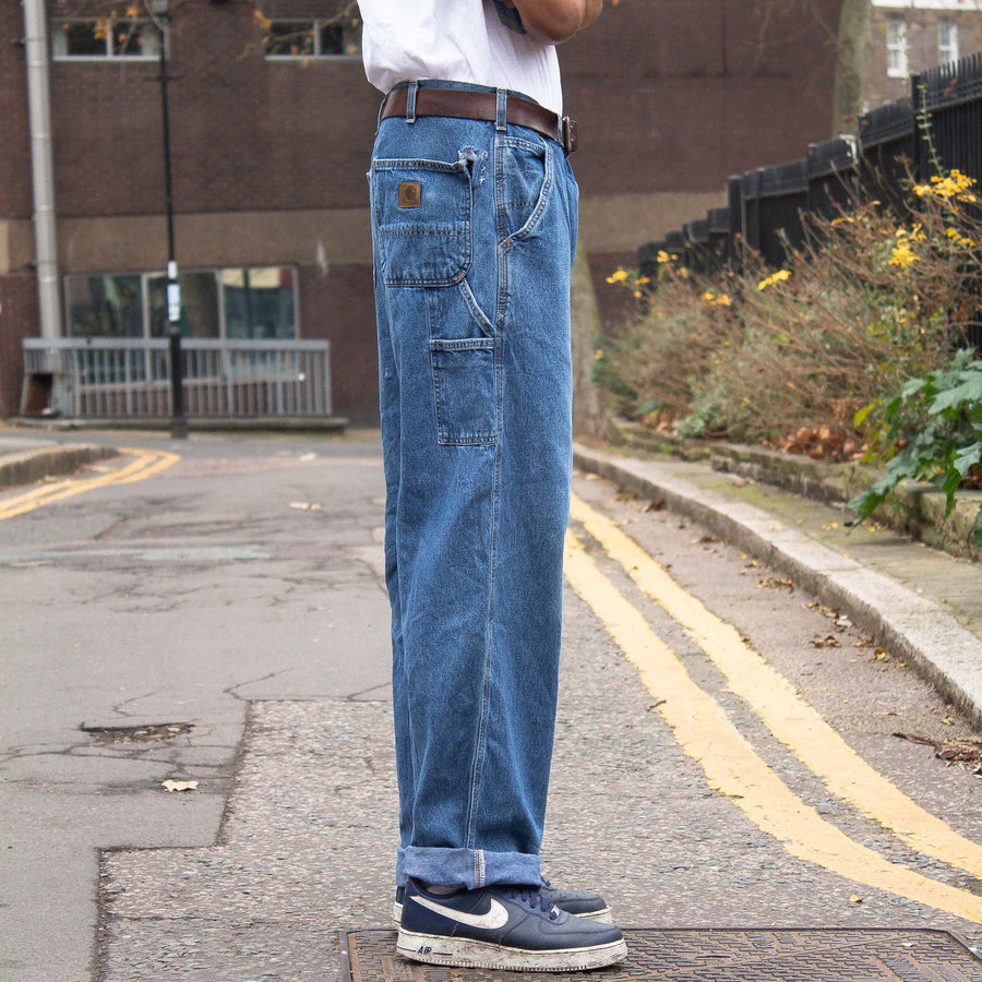 Carhartt 90's Leather Logo Straight Legged Denim Carpenter Jeans in Blue and Brown