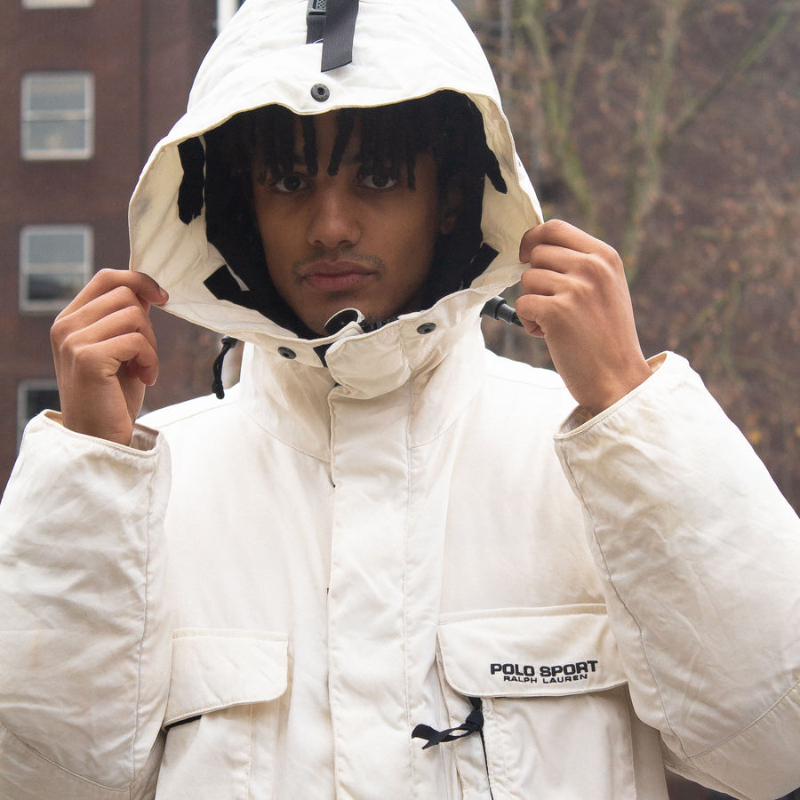 Polo Sport Ralph Lauren 90's Embroidered Spellout Hooded Down Puffer Jacket in White and Black