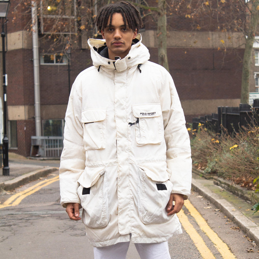 Polo Sport Ralph Lauren 90's Embroidered Spellout Hooded Down Puffer Jacket in White and Black