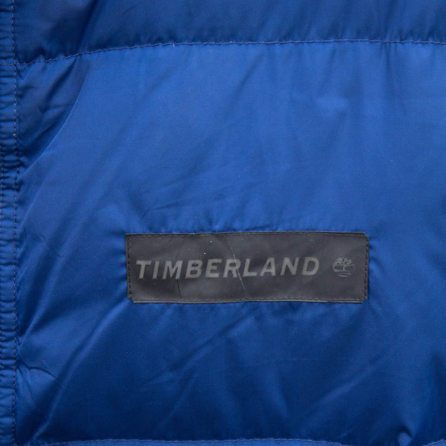 Timberland 90's Rubber Spellout Down Puffer Jacket in Blue and Black