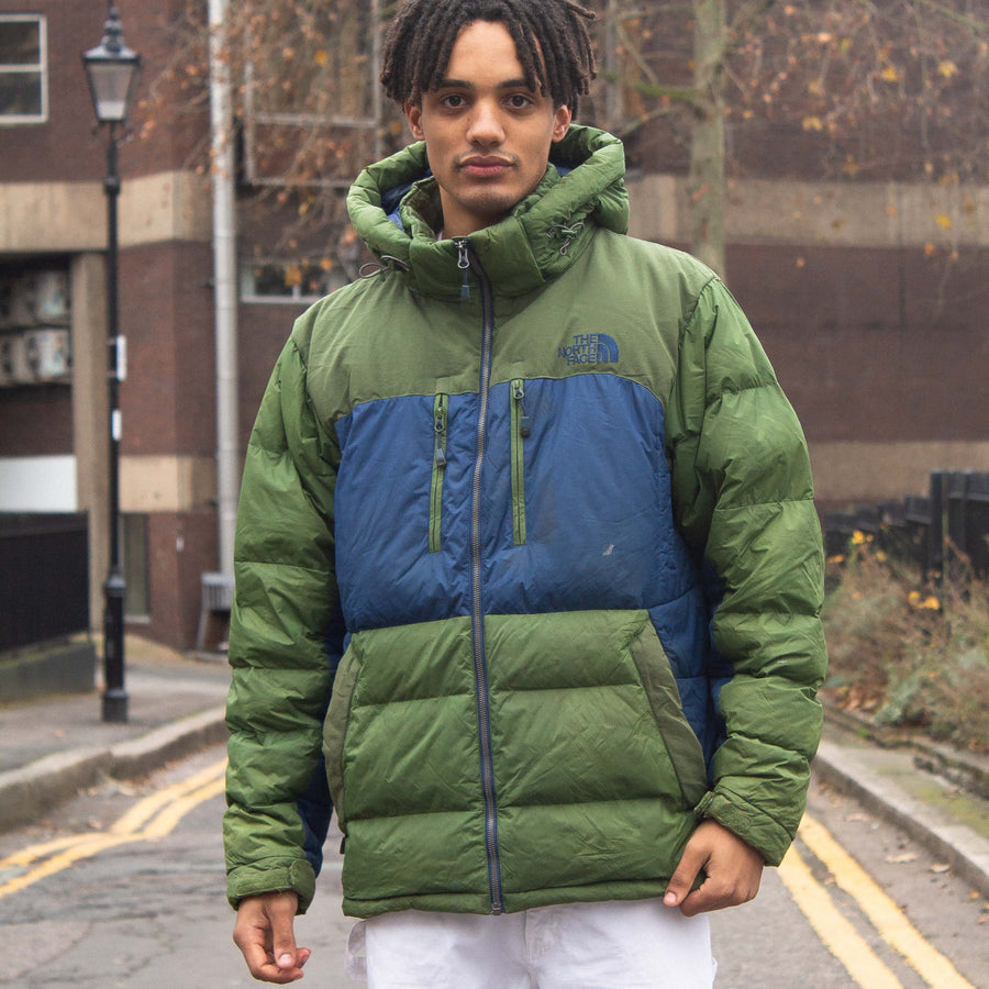 The North Face Embroidered Logo Waterproof Down Puffer Jacket in Blue and Green