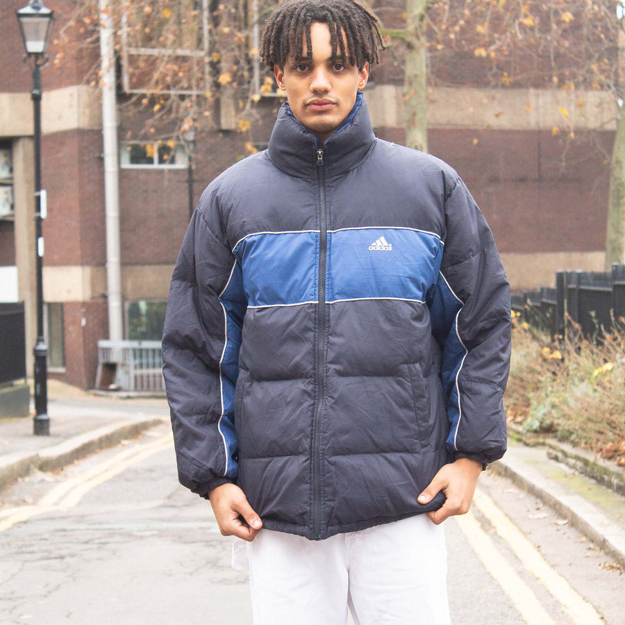 Adidas Late 90's Embroidered Logo Waterproof Down Puffer Jacket in Navy and Blue