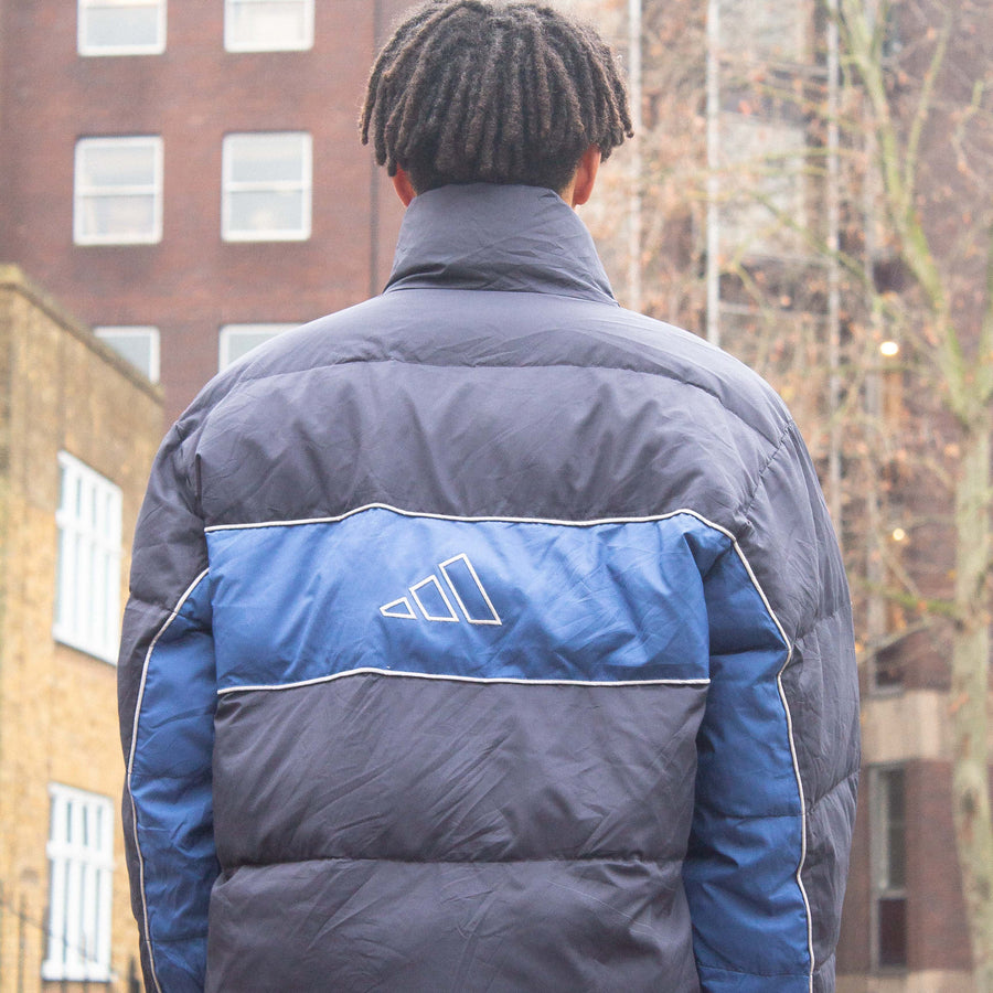 Adidas Late 90's Embroidered Logo Waterproof Down Puffer Jacket in Navy and Blue