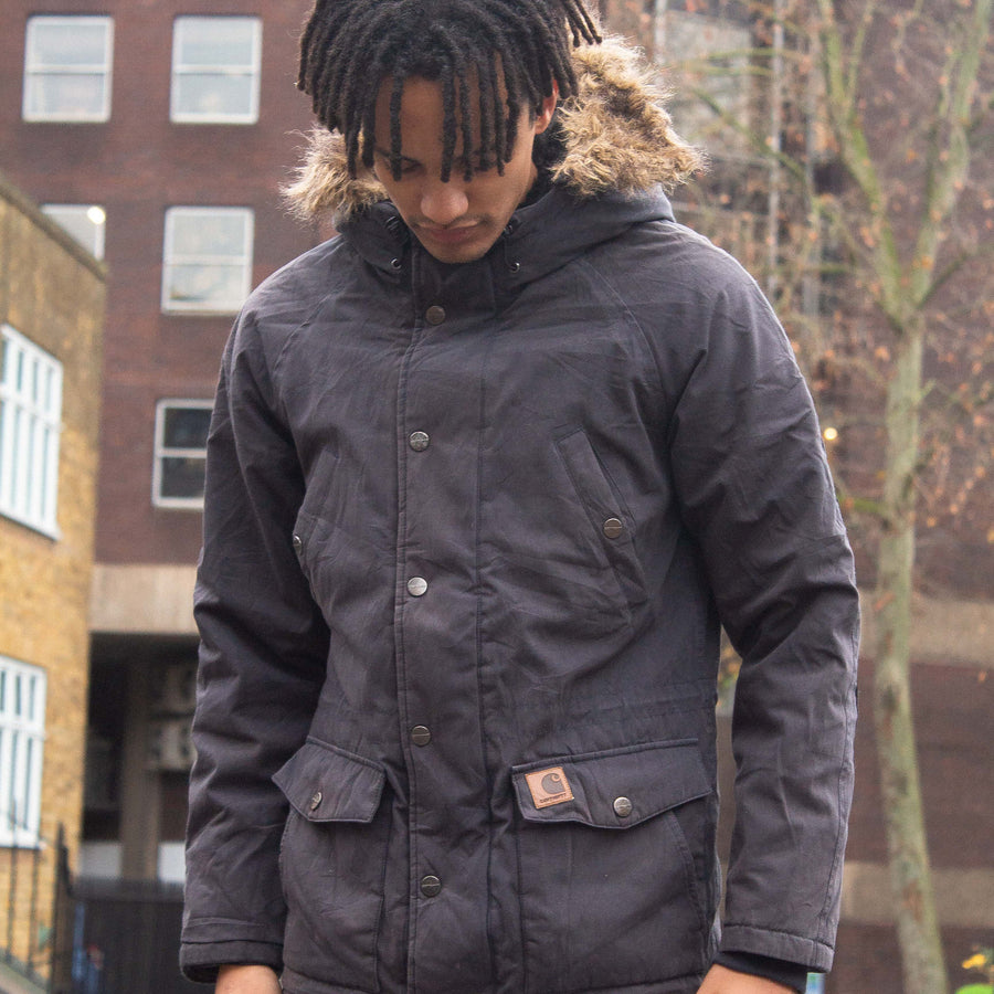 Carhartt Leather Logo Hooded Parka Jacket in Black and Brown