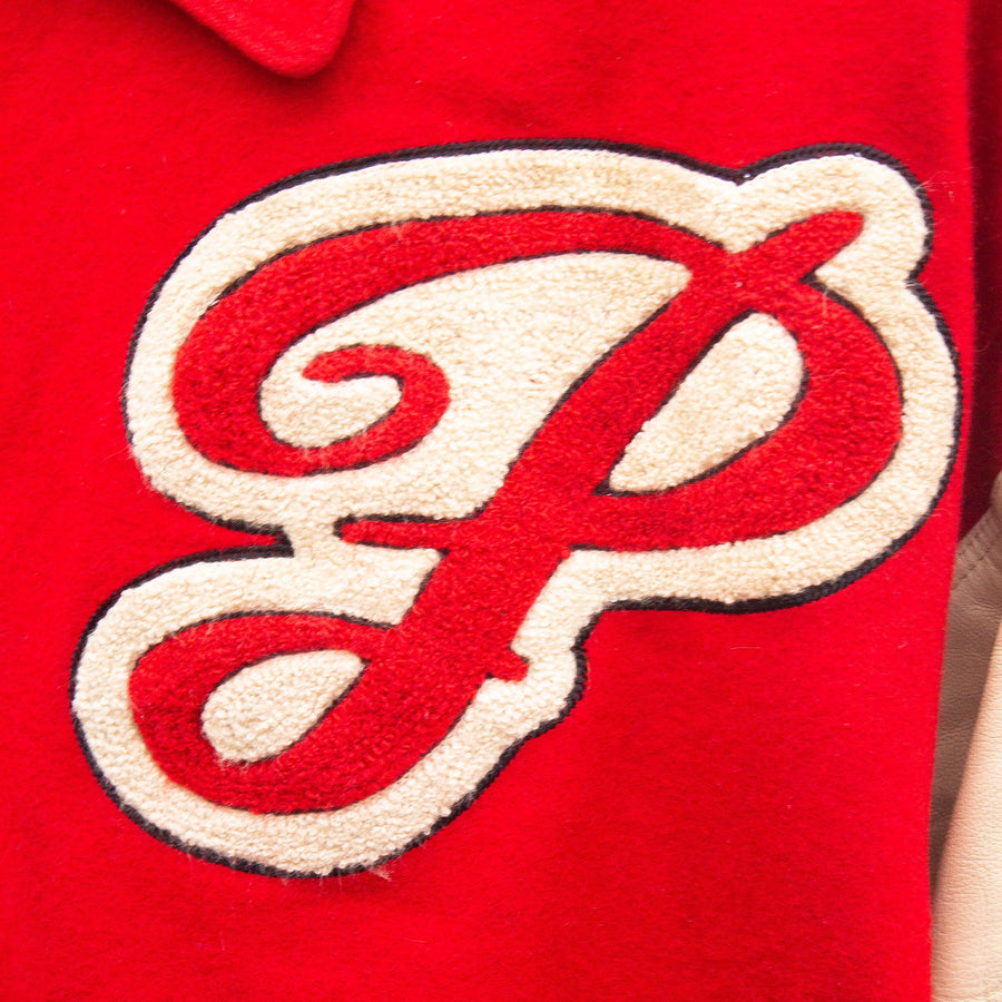 Pelle Pelle 90's Towel Fleece Logo Letterman Jacket in Red and White