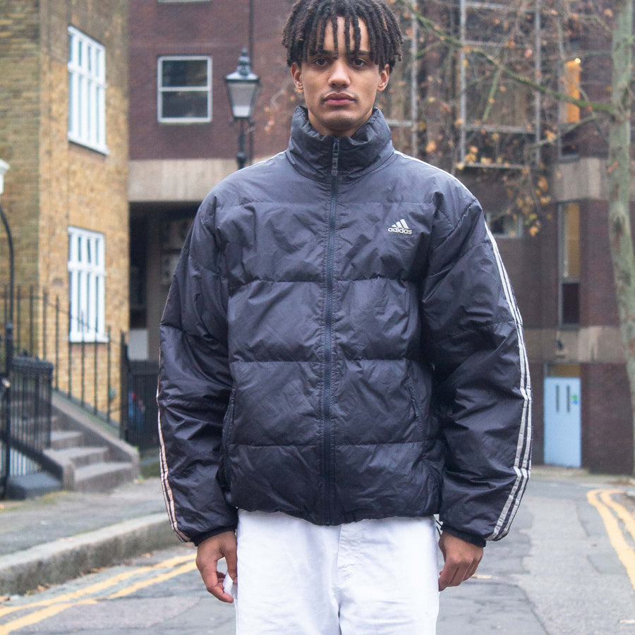 Adidas 90's Embroidered Logo 3 Stripe Down Puffer Jacket in Navy