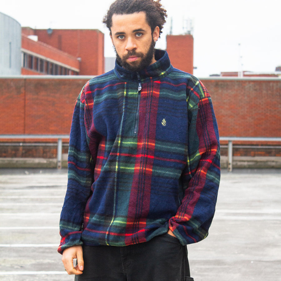 Nautica 90's Embroidered Logo 1/4 Zip Fleece in a Checked Navy, Red and Green