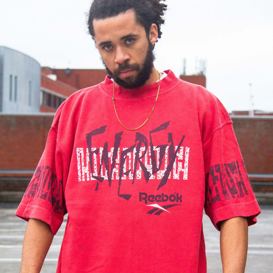 Reebok 90's Print Spellout Short Sleeve Sweatshirt in Red, Black and White