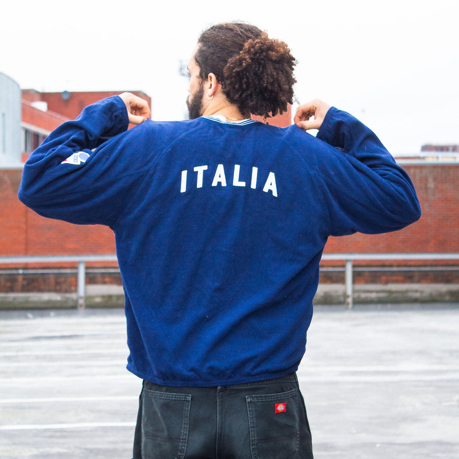 Nike Late 90's Italy Football Embroidered Central Swoosh Contrast Stitched Ringer Fleece Sweatshirt in Navy and White