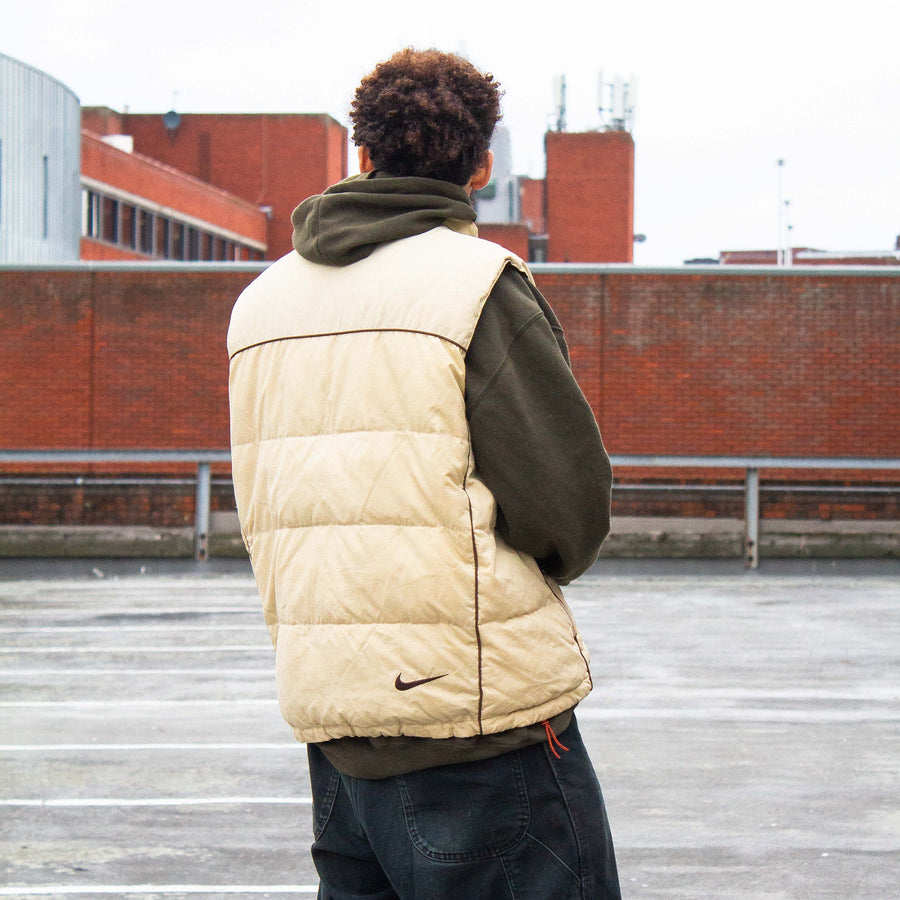 Nike ACG 90's Embroidered Swoosh Down Puffer Gilet in Beige and Brown