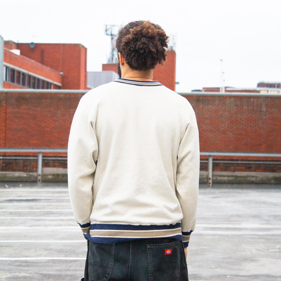 Champion Reverse Weave 90's Embroidered Spellout Ringer Sweatshirt in Beige and Navy