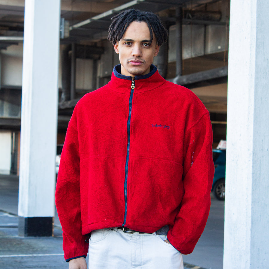 Timberland 90's Embroidered Spellout Fleece Jacket in Red and Navy