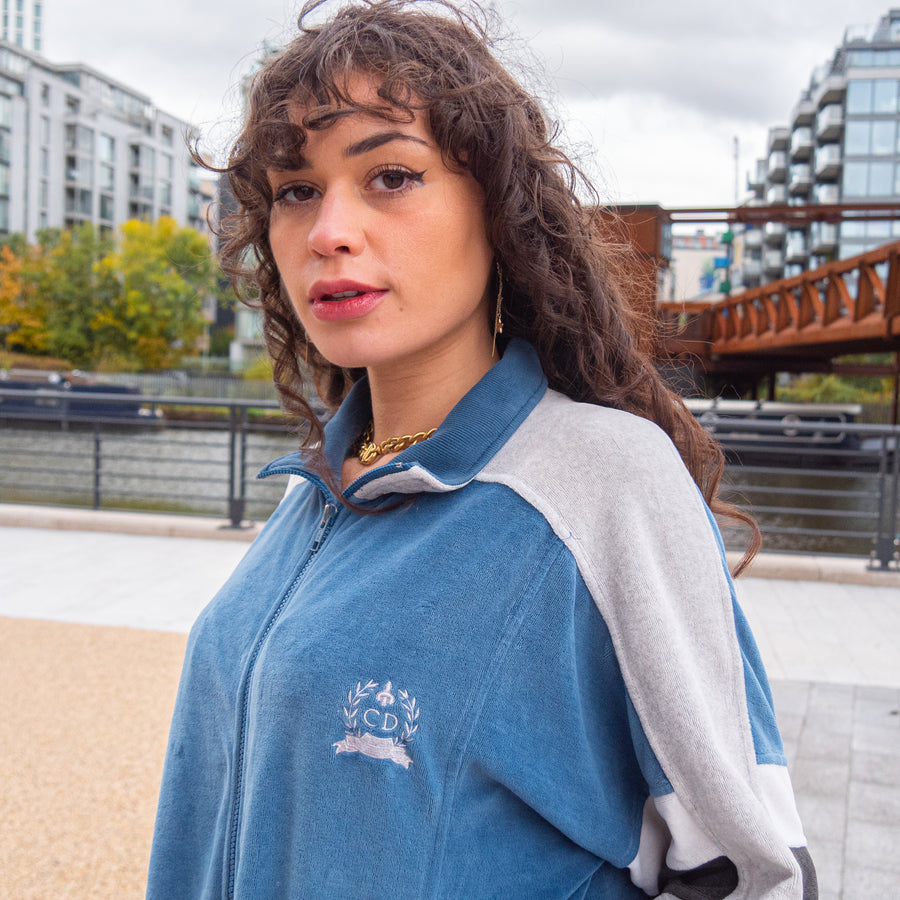 Christian Dior 90's Embroidered Logo Velour Tracksuit Jacket in a Colourblock Blue and Grey