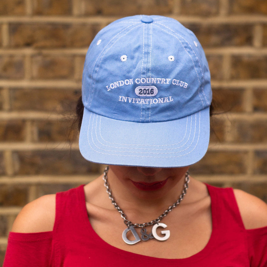 London Country Club Invitational Embroidered Spellout Cap in Baby Blue and White