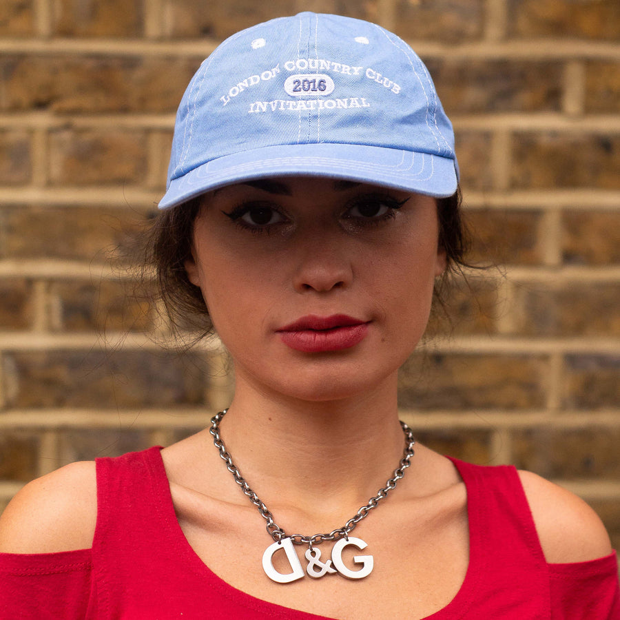 London Country Club Invitational Embroidered Spellout Cap in Baby Blue and White